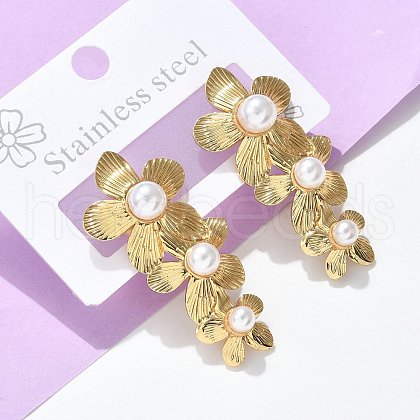 304 Stainless Steel & ABS Plastic Imitation Pearl 3 Flowers Stud Earrings EJEW-S253-21G-1