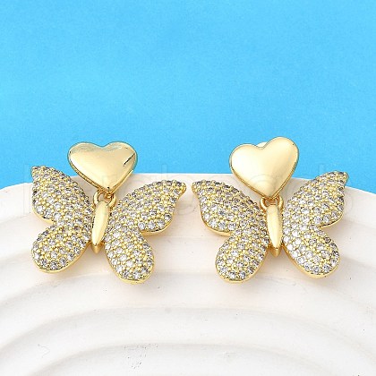 Brass Clear Cubic Zirconia Butterfly Stud Earrings EJEW-C147-04G-1