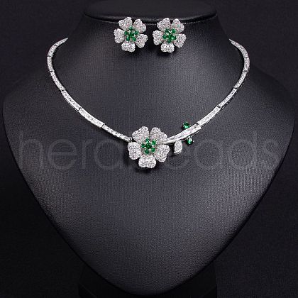 Flower Brass Micro Pave Cubic Zirconia Pendant Necklaces & Stud Earrings Sets WG63143-02-1