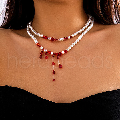 Retro Gothic Acrylic and Imitation Pearl Bloody Round Beaded 2-strand Choker Necklaces for Women FS-WGACA63-08-1