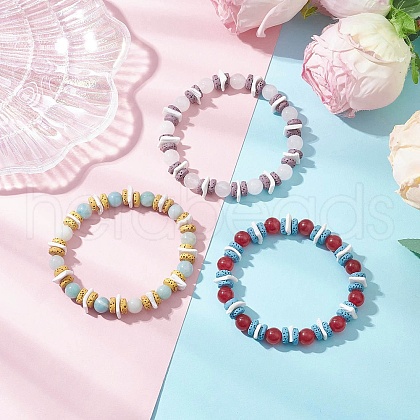 3Pcs Round Natural White Jade & Amazonite & Dyed Malaysia Jade Beads Stretch Bracelets BJEW-JB11818-1