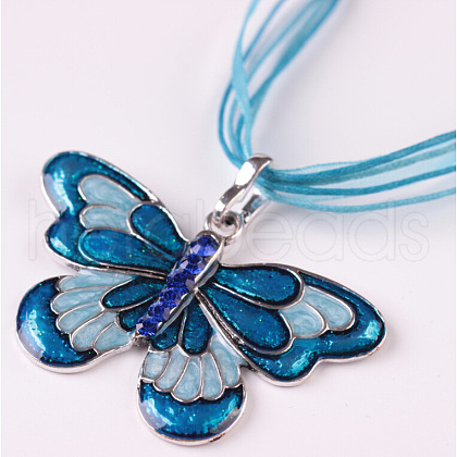 Butterfly Alloy Enamel & Rhinestone Pendant Waxed Cord Necklaces for Women FS-WGA0605-03-1