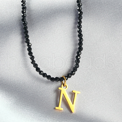 304 Stainless Steel Initial Pendant Black Glass Faceted Round Beaded Pendant Necklaces for Women FS-WGC61DE-14-1