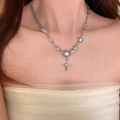 Alloy & 304 Stainless Steel & Synthetic Moonstone Star Pendant Necklaces for Women FS-WG61037-02-1