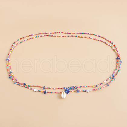 Bohemian Natural Cowrie Charm Glass Seed Beaded Double Layered Waist Belly Stretch Chains for Women FS-WG5D6A5-08-1