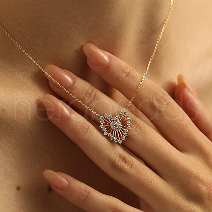 Heart 925 Sterling Silver Micro Pave Clear Cubic Zirconia Hollow Pendant Necklaces for Women FS-WG64B65-01-1