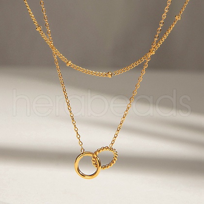 304 Stainless Steel Ring Pendant Double Layer Necklaces for Women NJEW-M098-03G-1