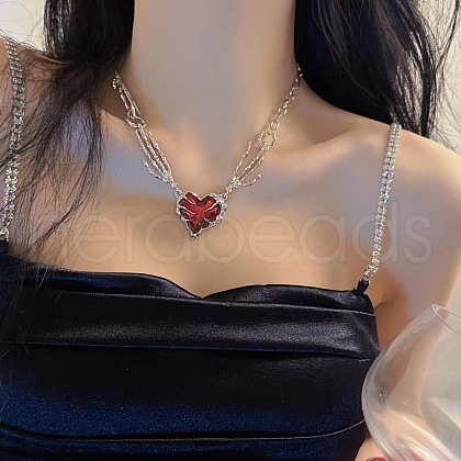 Skeleton Hand Heart Alloy Dark Red Enamel Gothic Pendant Necklaces for Women FS-WG8B830-01-1