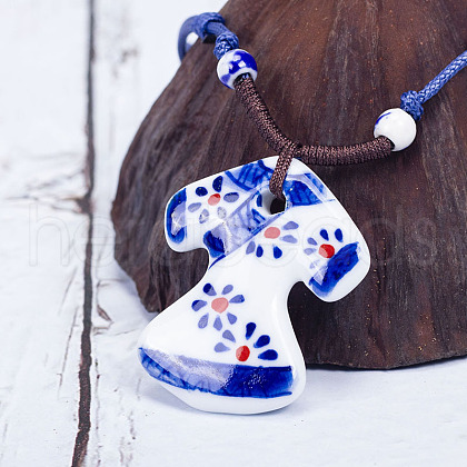 Retro Ethnic Porcelain Pendant Adjustable Polyester Cord Necklaces for Women FS-WGD020A-01-1