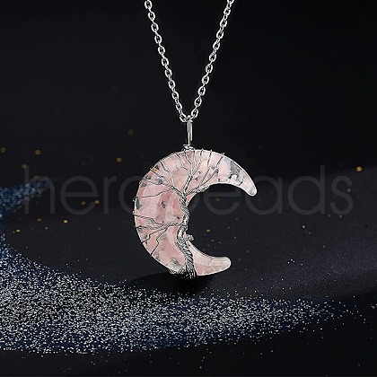 Resin with Natural Rose Quartz Chip Inside Moon with Tree of Life Copper Wire Wrapped Pendant Necklaces WGC6175-02-1