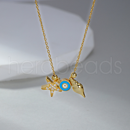 Beach Style 925 Sterling Silver Pave Clear Cubic Zirconia Starfish Evil Eye Shell Shaped Pendant Necklaces for Women RT6675-1