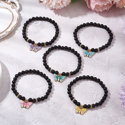 Round Natural Lava Rock Beads Stretch Bracelets for Women BJEW-JB11401-1