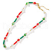 Christmas Theme Glass & Imitation Pearl & Brass Faceted Round Beaded Necklaces GF3195-1-1