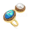 Resin Oval & Imitation Pearl Open Cuff Ring with Rhinestone RJEW-D005-10G-1
