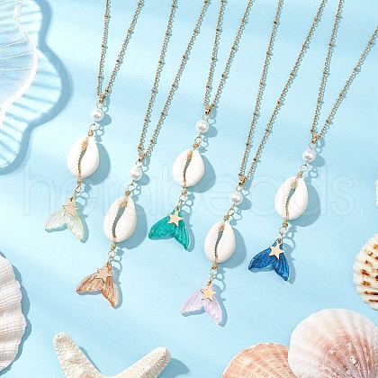 Natural Cowrie Shell & Glass & Shell Pearl Mermaid Tail Pendant Necklaces NJEW-JN05232-1
