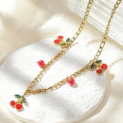 304 Stainless Steel Red Enamel Cherry and Round Plastic Pendant Necklaces for Women NJEW-M091-01G-1