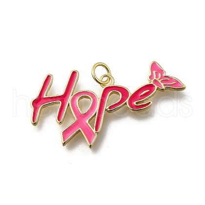 October Breast Cancer Pink Awareness Ribbon Brass Enamel Pendants KK-G525-10G-02-1