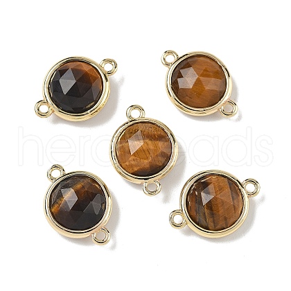 Brass Pave Natural Tiger Eye Faceted Flat Round Connector Charms G-U028-04G-02-1