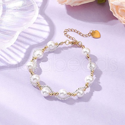 Round Shell Pearl Beaded Bracelets for Women BJEW-MZ00151-01-1