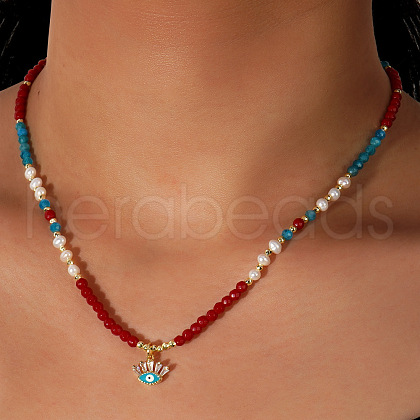 Natural Pearl & Dyed Gemstone Beaded Iron Enamel Evil Eye Charms Necklaces for Women MY1982-1