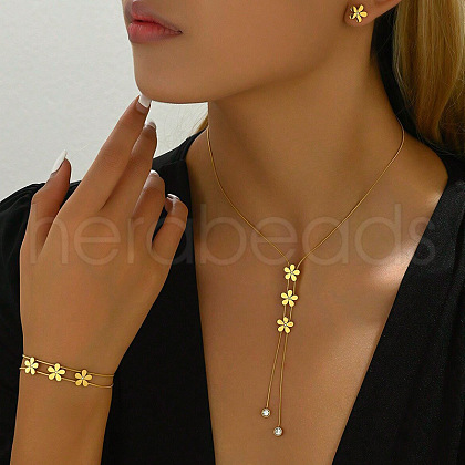 Flower Stainless Steel Crystal Rhinestone Lariat Necklaces & Stud Earrings & Bracelets Sets for Women FS-WG939A0-01-1