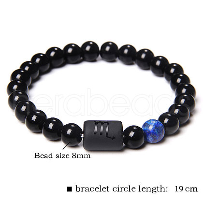 12 Constellations Protetion Natural Lapis Lazuli  & Black Obsidian Round Beads Stretch Bracelets for Men Women WG083ED-02-1