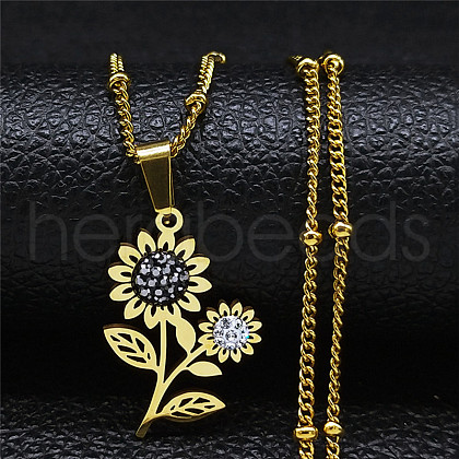 304 Stainless Steel Crystal Rhinestone Sunflower Pendant Necklaces NJEW-H065-16G-1