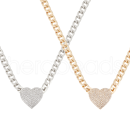 ANATTASOUL 2Pcs 2 Colors Crystal Rhinestone Heart Pendant Necklaces Set with Alloy Curb Chains NJEW-AN0001-88-1