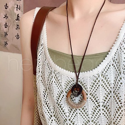 Alloy & Wood Disc Leaf Pendant Suede Cord Long Necklaces FS-WG1A008-01-1