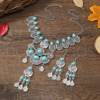 Flat Round Tassel Alloy & Synthetic Turquoise Pendant Necklaces & Dangle Earrings Sets FS-WG5CFCA-02-1
