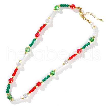 Christmas Theme Glass & Imitation Pearl & Brass Faceted Round Beaded Necklaces GF3195-1-1