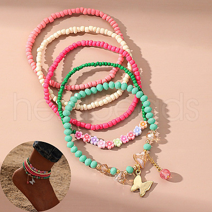 Bohemian Resin & Glass Seed Beaded Stretch Multi-Layered Anklet Sets WG187EB-07-1