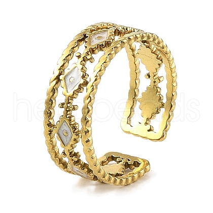 Rhombus 304 Stainless Steel Enamel Open Cuff Rings for Women RJEW-F166-26G-02-1