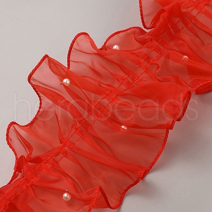 5 Yards Organza Pleated Lace Ribbon with Imitation Pearl OCOR-WH20027-03B-1