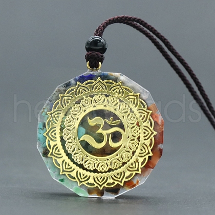 Chakra Natural & Synthetic Mixed Gemstone Chip with Resin Pendant Necklace PW-WG20351-03-1