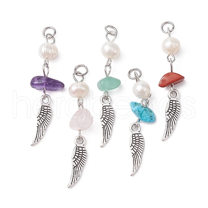 5Pcs 5 Styles Natural Mixed Gemstone Chip Pendants with Natural Freshwater Pearl Beads PALLOY-JF02298-S-1