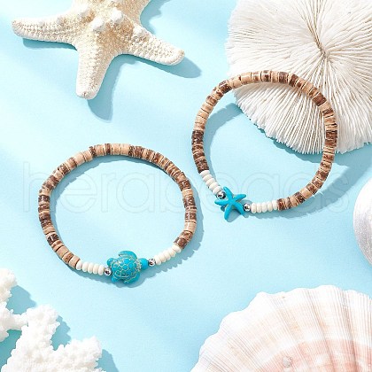 2Pcs Starfish & Tortoise Natural Coconut with Synthetic Turquoise Beads Stretch Bracelets for Men Women BJEW-JB11739-1
