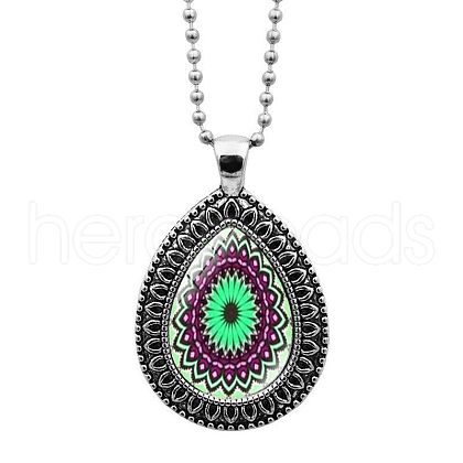 Glass Teardrop with Mandala Flower Pendant Necklace with Ball Chains MAND-PW0001-08J-1