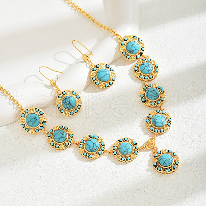 Middle Eastern Synthetic Turquoise & Iron Flower Pendant Necklace & Earrings Sets for Wedding PJ7760-1