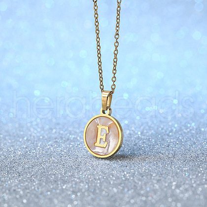 Flat Round Stainless Steel Pave Natural White Shell Initial Pendant Necklaces for Women FS-WG6FA45-05-1