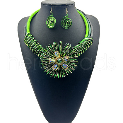 Flat Round with Flower Pattern Alloy with Aluminum Wire Wrapped Resin Pendant Necklaces & Dangle Earrings Sets FS-WGBBA49-02-1