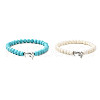 2Pcs 2 Color Tibetan Style Alloy Dolphin & Synthetic Turquoise Round Beaded Stretch Bracelets Set BJEW-JB09895-1