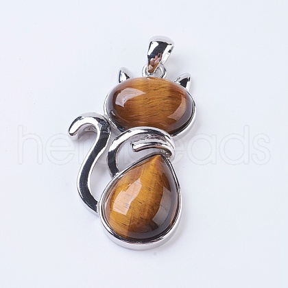 Natural Tiger Eye Kitten Pendants G-P352-B05-1