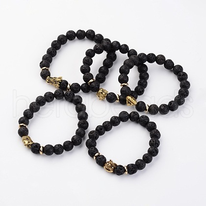 Natural Lava Rock Stone Stretch Bracelets with Tibetan Style Mix Shapes Alloy Beads BJEW-K075-AG-1