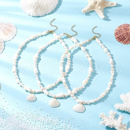 Natural Clam Shell Pendant Necklaces NJEW-JN05241-1