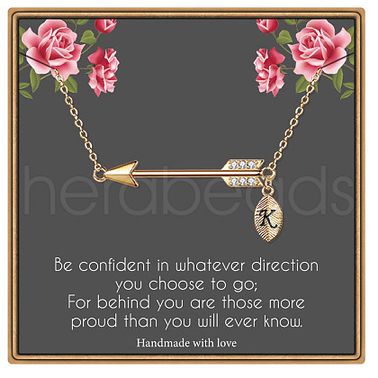 Brass Micro Pave Clear Cubic Zirconia Arrow with Letter Pendant Necklaces FS-WG43978-11-1