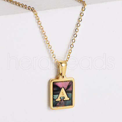 304 Stainless Steel Pave Natural Paua Shell Rectangle Initial Pendant Necklaces for Women FS-WG38E89-01-1