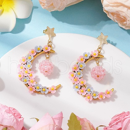Glass Seed Beads Moon Dangle Stud Earrings EJEW-MZ00402-01-1