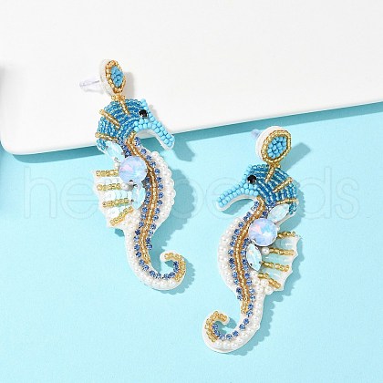 Sea Horse Glass Seed Beads Dangle Stud Earrings EJEW-S273-01-1
