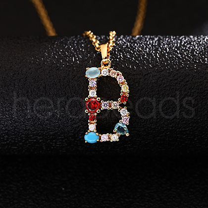 Brass Pave Colorful Cubic Zirconia Initial Pendant Necklaces for Women FS-WG659DF-02-1